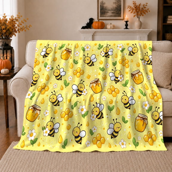 Cheerful Bumblebee Honeycomb Garden Illustration, Playful Botanical Garden Scene, Warm Flannel Blanket for Sunroom and Reading Nook, Garden Lovers Easter Gift, Festive Home Decor