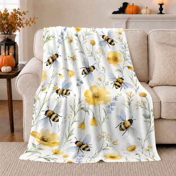 Cheerful Bumblebees Foraging Among Yellow, Cozy Botanical Scene, Warm Flannel Blanket for Sunroom and Reading Nook, Garden Lovers Housewarming Gift, Botanical Home Decor