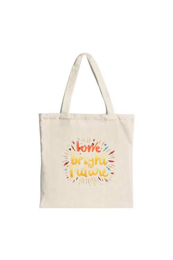 Cheerful Canvas Tote Bag with " Bright Future " in playful font decorated with arrows and dots perfect for Eco-Friendly shopping and travel