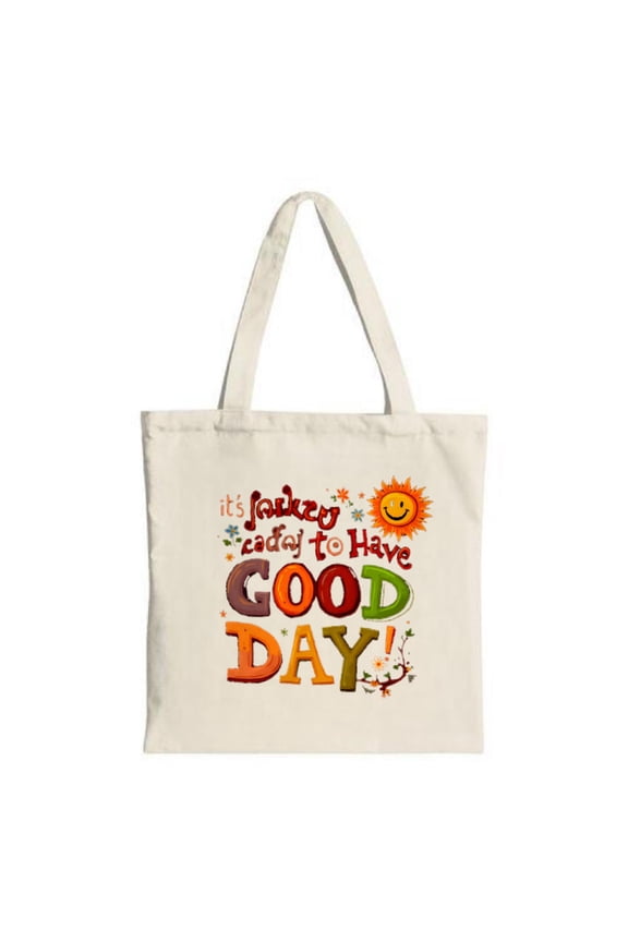 Cheerful Canvas Tote Bag with Colorful ' Good Day ' Design Smiling Sun & Playful Elements - Perfect for Shopping Travel & Parties