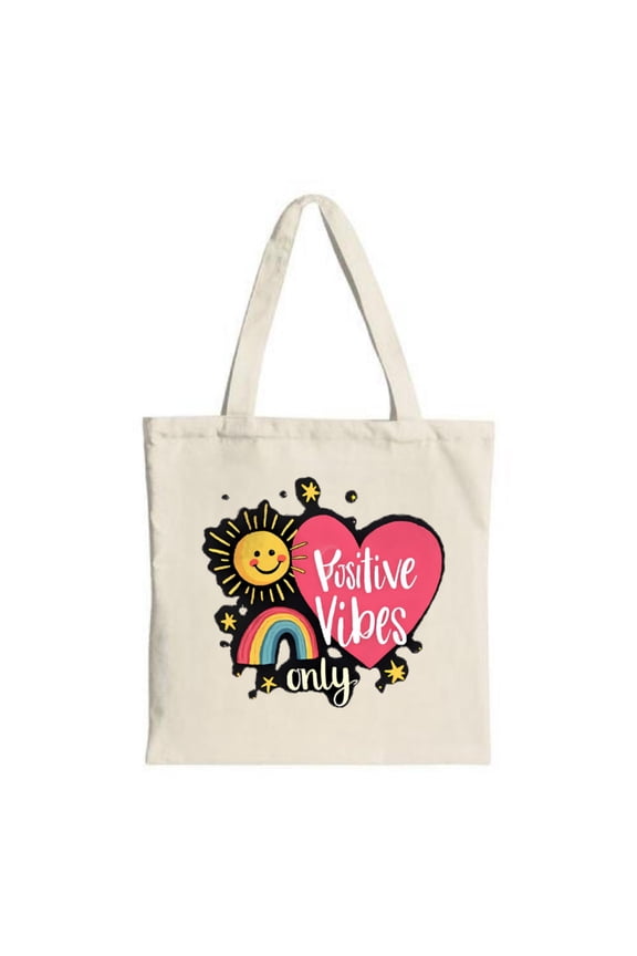 Cheerful Canvas Tote Bag with Smiling Sun Rainbow & Pink Heart - " Positive Vibes Only " - Perfect for Shopping Travel & Parties
