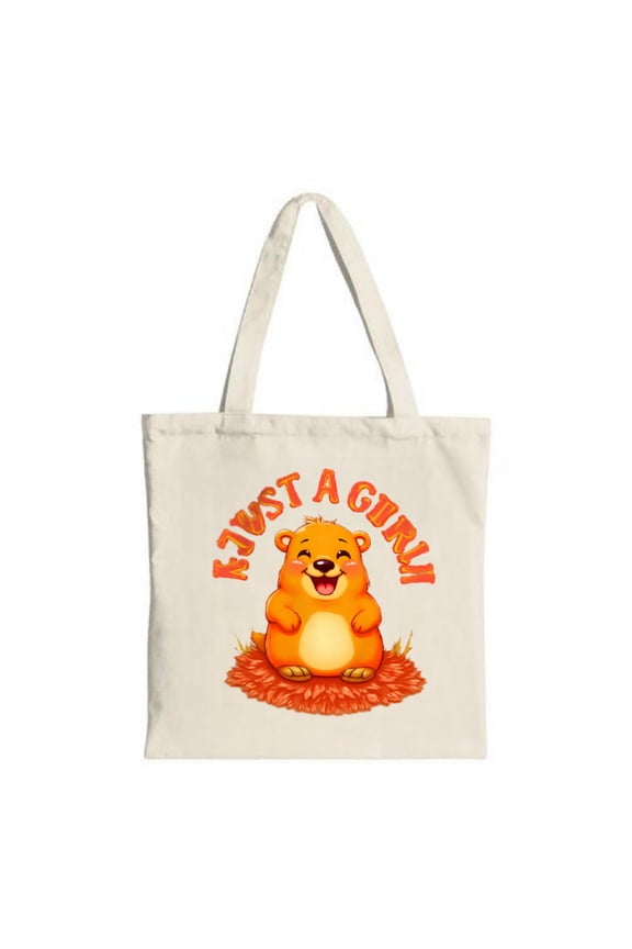 Cheerful Cartoon Bear Tote Bag - Happy Bear on Fluffy Orange with Flames " KJUST A " Text Perfect for Shopping & Travel