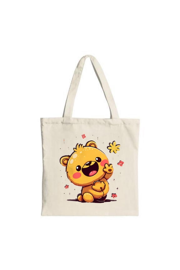 Cheerful Cartoon Bear Tote Bag - Smiling Bear with Peace Sign Surrounded by Flowers & Stars Perfect for Shopping & Travel