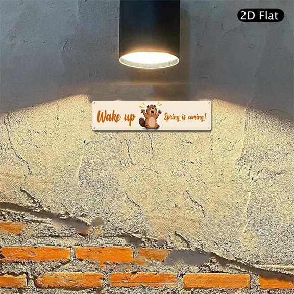 Cheerful Cartoon Beaver Metal Wall Art 4x16 Inch, Wake Up Spring Is Coming Aluminum Sign 1pc for Seasonal Home Kitchen Wall Decor