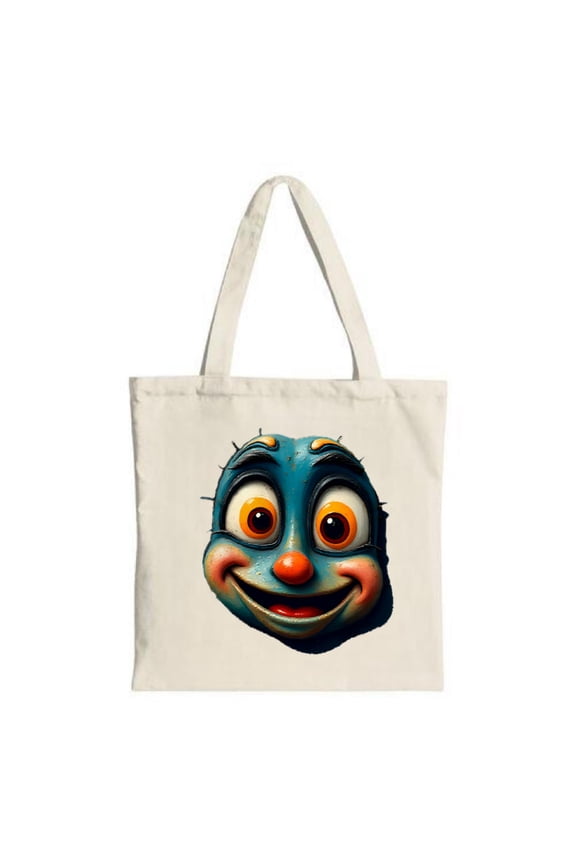 Cheerful Cartoon Blue Creature Tote Bag - Large Eyes Smiling Face Orange Eyebrows & Red Nose - Perfect for Shopping & Travel