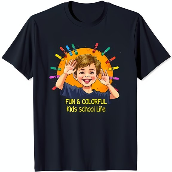 Cheerful Cartoon Boy Graphic Black T-Shirt for Fun & Colorful Design