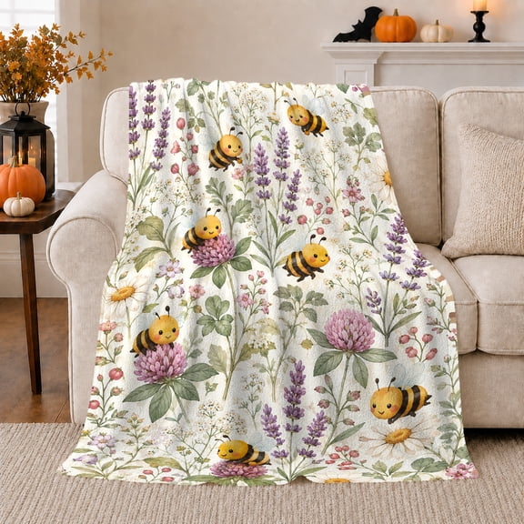 Cheerful Cartoon Bumblebees Wildflower Meadow, Playful Botanical Garden Scene, Warm Flannel Blanket for Sunroom and Reading Nook, Garden Lovers Housewarming Gift, Playful Home Decor