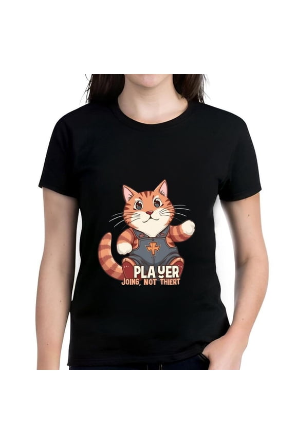 Cheerful Cartoon Cat in Sports Jersey T-Shirt - " PLAYER JOIN NOT THEAT " - Fun Short Sleeve Cotton Tee for Cat Lovers