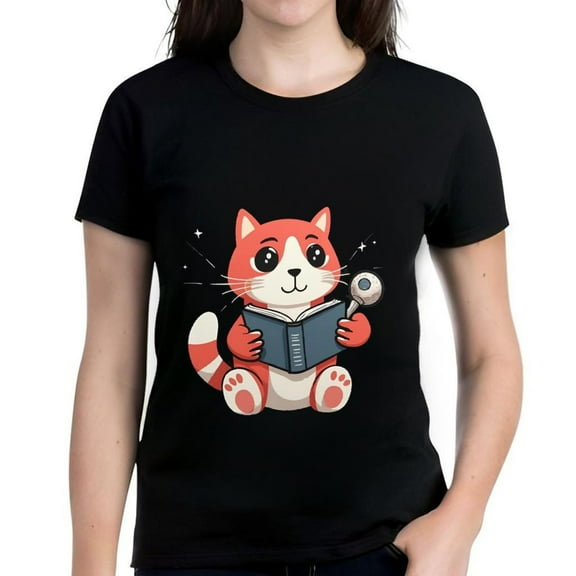 Cheerful Cartoon Cat with Book Whimsical Stars Design on Black Cotton Short Sleeve T-Shirt