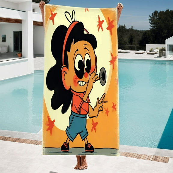 Cheerful Cartoon Character Beach Towel - Vibrant Design with Black Hair & Red Bow Perfect for Pool Travel & Bath Use