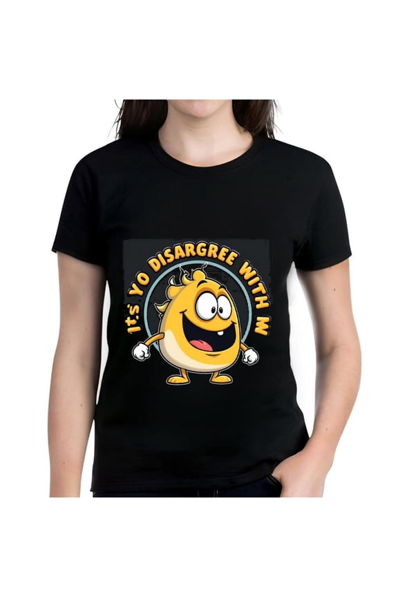 Cheerful Cartoon Character Cotton Short Sleeve T-Shirt - Yellow Character with Big Eyes & Smile Fun Text Design
