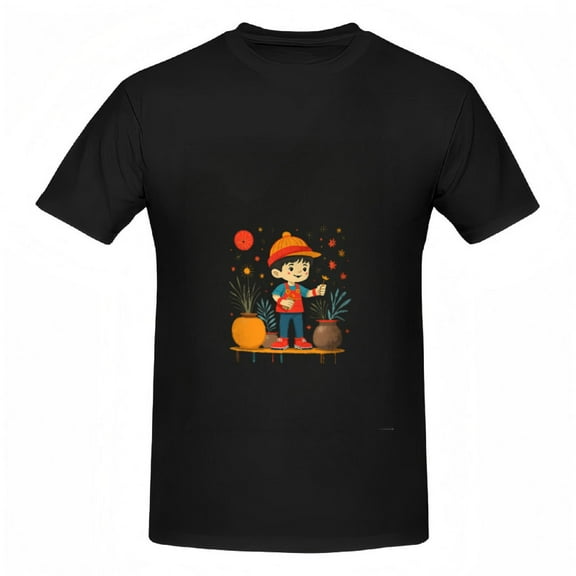 Cheerful Cartoon Character Print Cotton Short Sleeve T-Shirts for Women - Fun Red Hat & Blue Outfit Design Perfect for Casual Wear