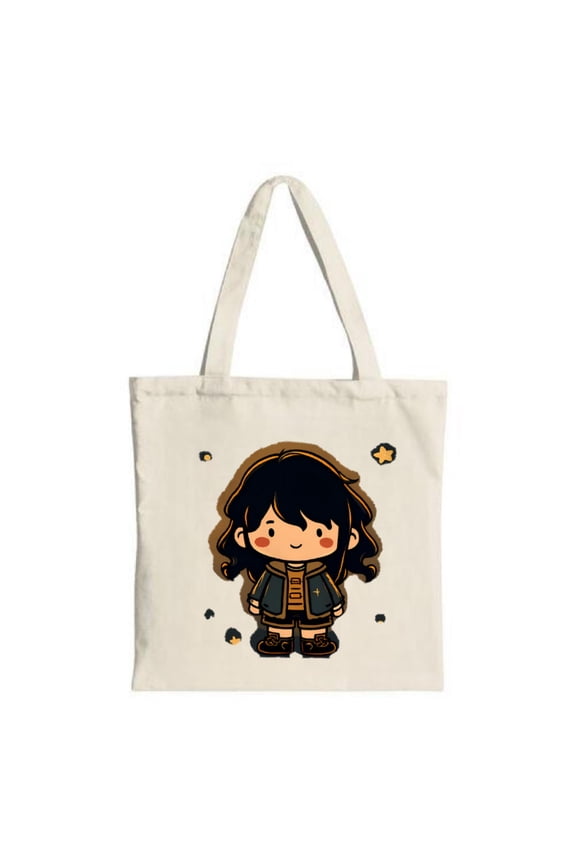 Cheerful Cartoon Character Tote Bag - Long Black Hair Dark Jacket Light Shirt with Stars - Perfect for Shopping Travel & Parties