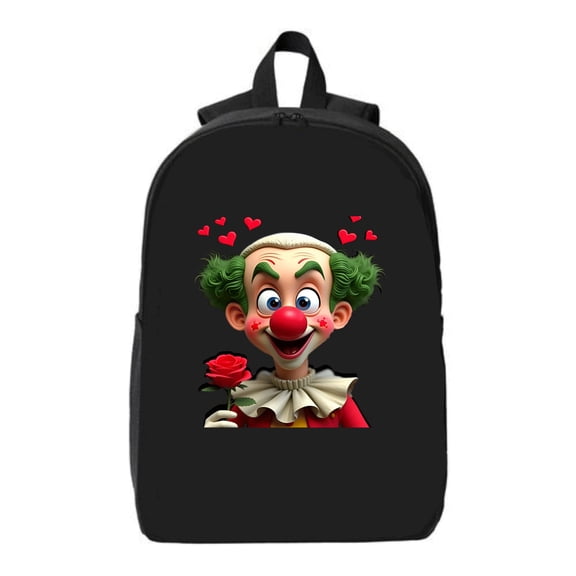 Cheerful Cartoon Clown Laptop Backpack - Fits 15 " Laptop & iPad Green Hair Red Nose Ruffled Collar Hearts & Rose Design