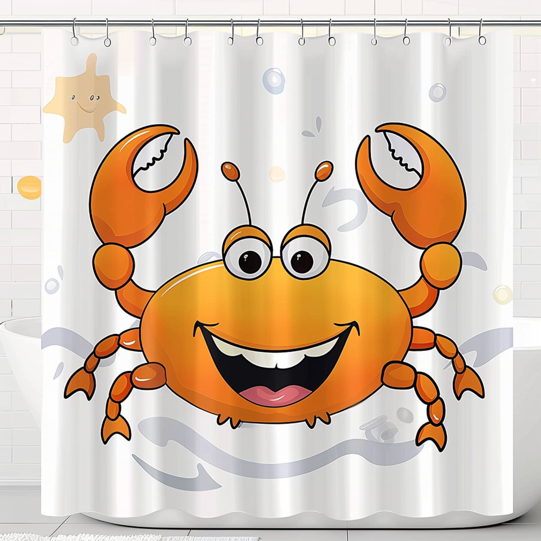 Cheerful Cartoon Crab Bathroom Curtain Highend Design Bright Colors Cute Smiling Expression