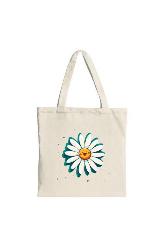 Cheerful Cartoon Daisy Tote Bag - White Canvas with Smiling Orange Center Teal - Outlined Petals & Dots Perfect for Shopping & Travel