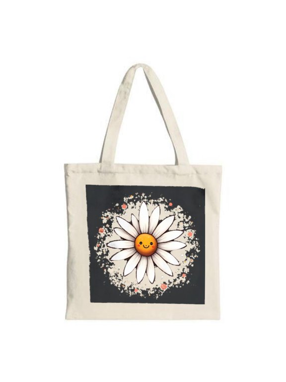 Cheerful Cartoon Daisy Tote Bag - White Canvas with Splattered Orange & White Design Perfect for Shopping Travel & Parties