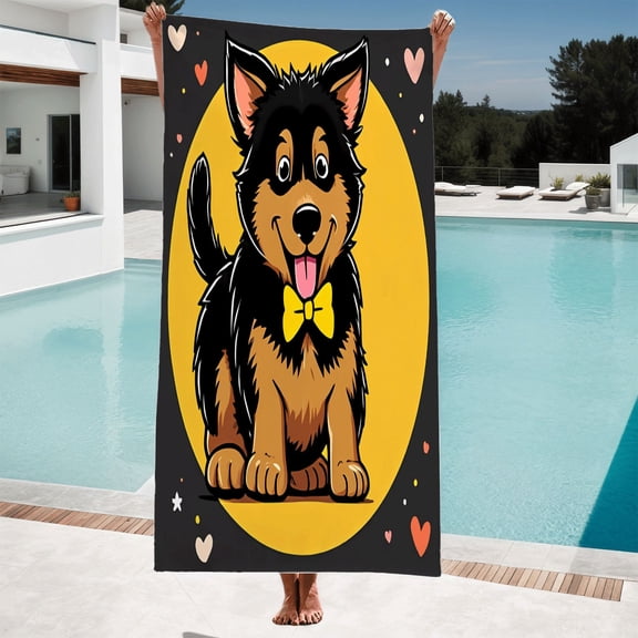 Cheerful Cartoon Dog Bath Towel - Black & Brown Yellow Bow Tie Happy Expression Colorful Hearts - Perfect for Beach Pool & Travel