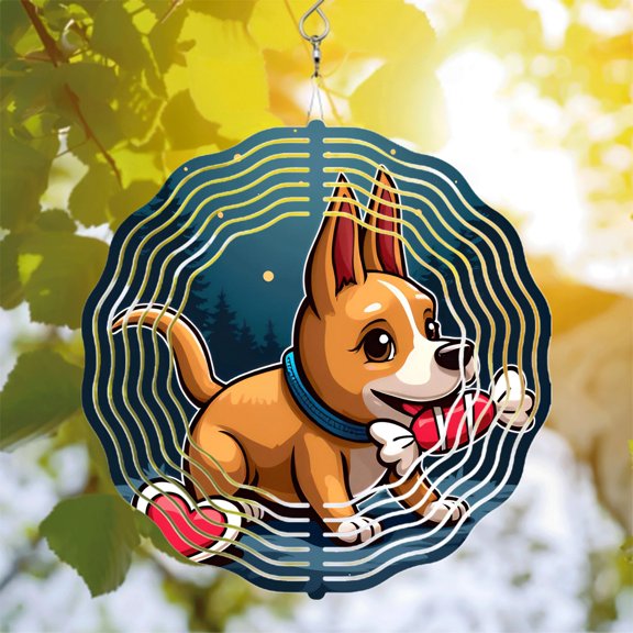Cheerful Cartoon Dog Metal Hanging Wind Spinner - Concentric Waves Design Perfect for Yard & Garden Decor Nighttime Forest Theme