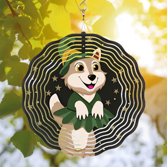 Cheerful Cartoon Dog Metal Hanging Wind Spinner - Festive Wavy Lines & Stars Design for Yard and Garden Decor
