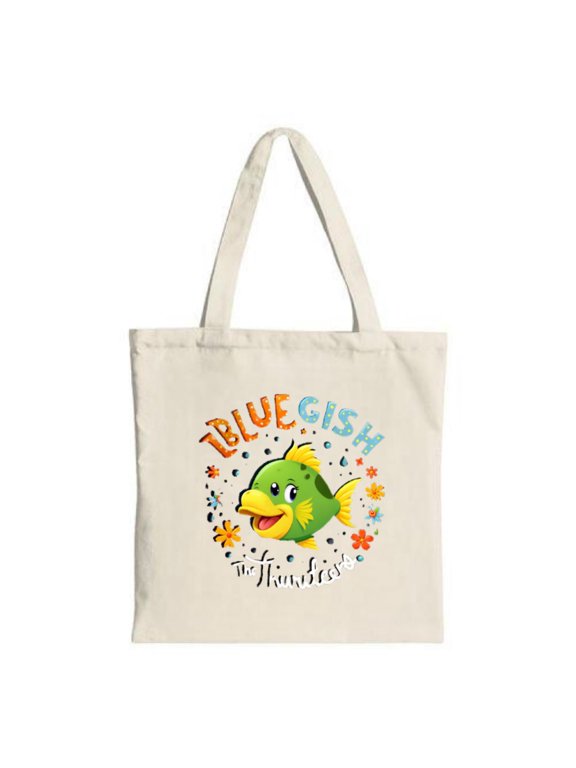 Cheerful Cartoon Fish Tote Bag - Green Fish with Yellow Fins " BLUE GISH " Text Colorful Bubbles & Flowers Perfect for Shopping & Travel