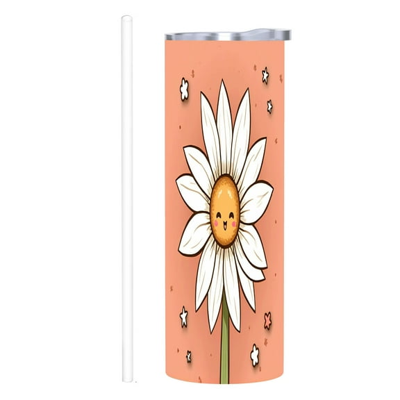Cheerful Cartoon Flower 20 oz Stainless Steel Insulated Tumbler with Lid & Straw - Cute Peach Design for Home Office & Travel