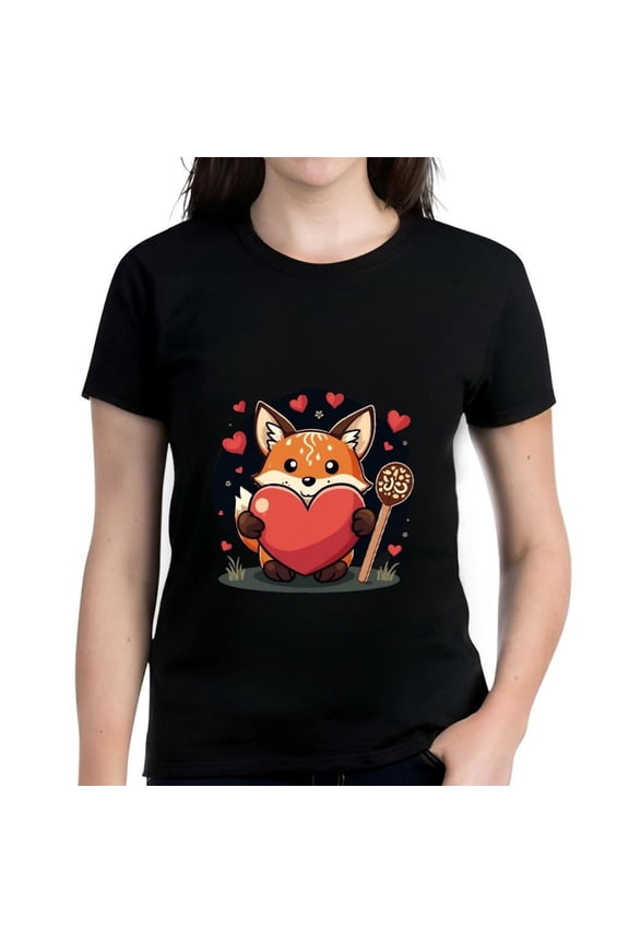 Cheerful Cartoon Fox Holding Heart Cotton Short Sleeve T-Shirt with Spiral Pattern Design - Cute & Fun Graphic Tee