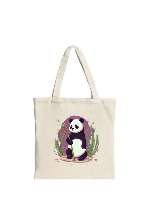 Cheerful Cartoon Panda Tote Bag - Canvas Multifunctional Reusable Shopping Bag with Purple Floral Pattern Perfect for Travel & Parties