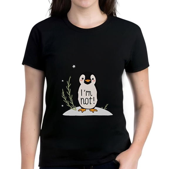 Cheerful Cartoon Penguin Cotton Short Sleeve T-Shirt - Fun Design with Green Plants & Stars " I'm not " Sign