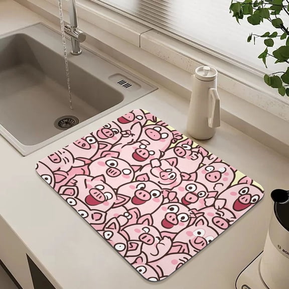 Cheerful Cartoon Pigs Group Dish Drying Mat for Kitchen Counter Absorbent Drainer Mats (15.7X11.8Inch)
