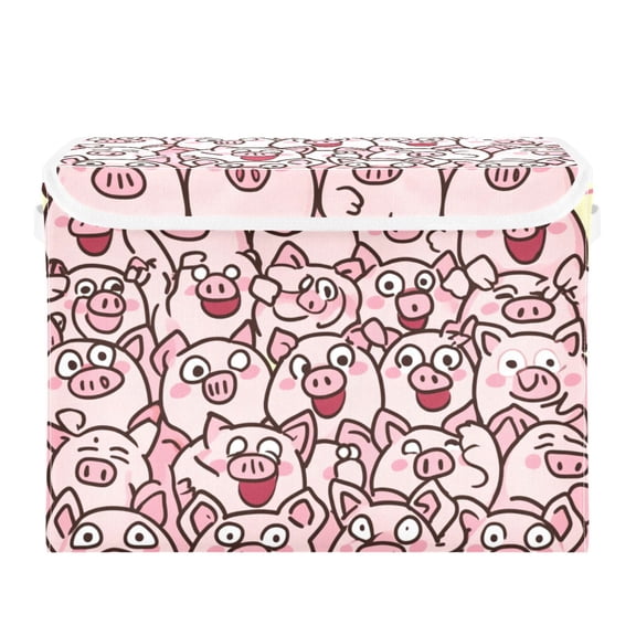 Cheerful Cartoon Pigs Group Large Storage Bins with Linen Collapsible Lid Storage Box 16.7 x 12.6 x 11.8in