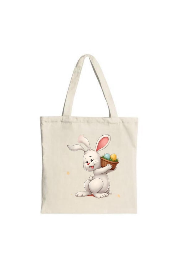 Cheerful Cartoon Rabbit Tote Bag - Colorful Easter Eggs Design Perfect for Shopping Travel & Parties Reusable Canvas Bag