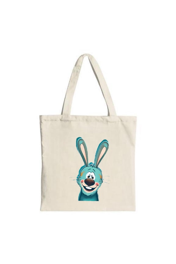 Cheerful Cartoon Rabbit Tote Bag - Large Ears Happy Face Background Perfect for Shopping Travel & Parties - Reusable Canvas