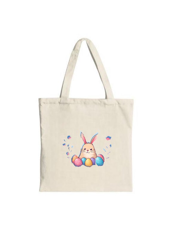 Cheerful Cartoon Rabbit Tote Bag with Colorful Easter Eggs - Perfect Canvas Bag for Shopping Parties and Travel