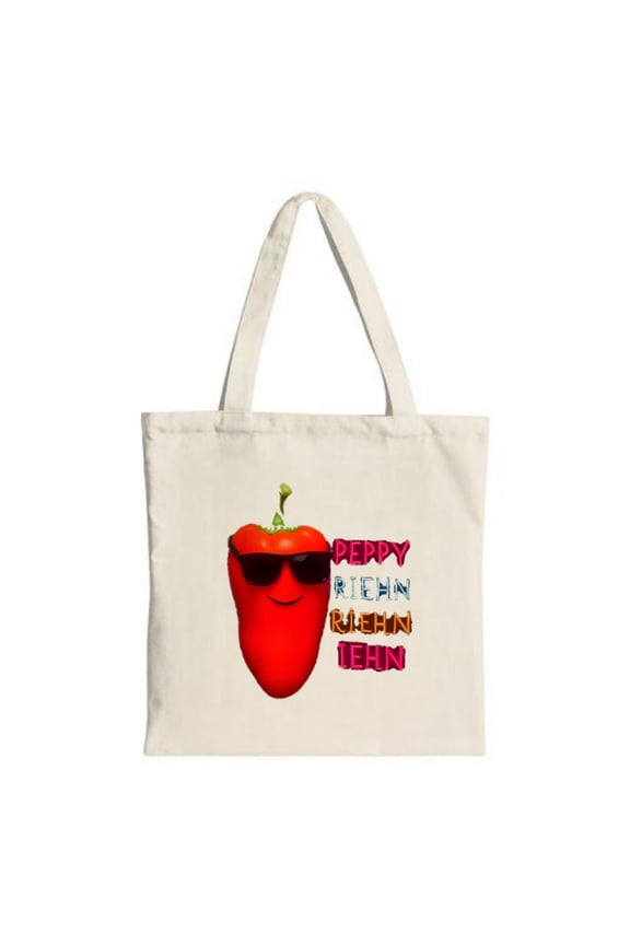 Cheerful Cartoon Red Pepper Tote Bag - Fun Sunglasses Design with Colorful Text: " PEPPY RICH ELEVAN TEHN " - Perfect for Shopping