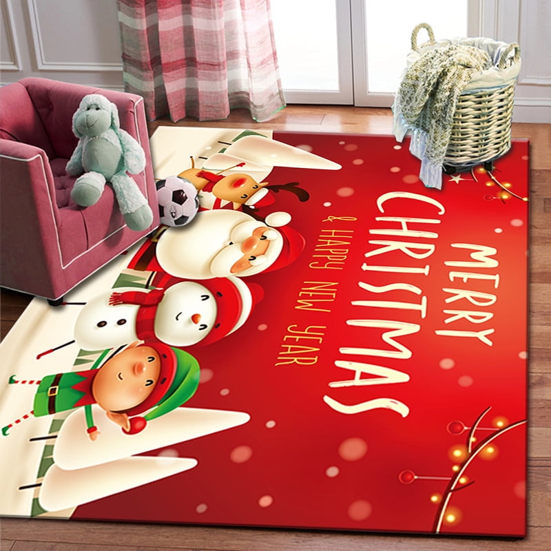 Cheerful Cartoon Santa Claus and Elk Area Rug NonSlip Floor Mat for