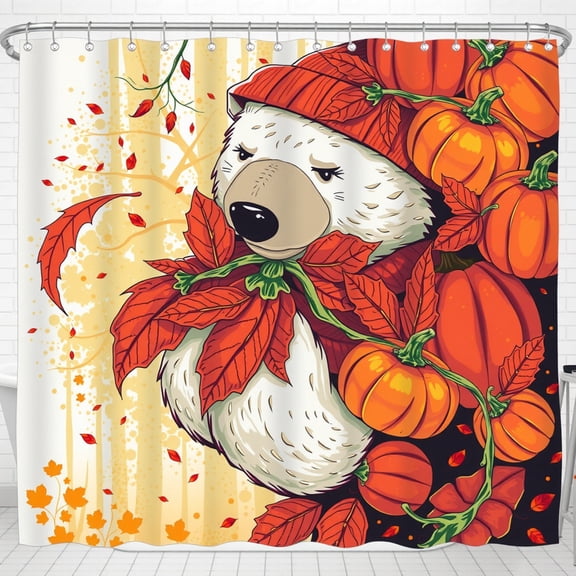 Cheerful Cartoon Shower Curtain - Autumn Leaves & Pumpkins Design Festive Home Decor