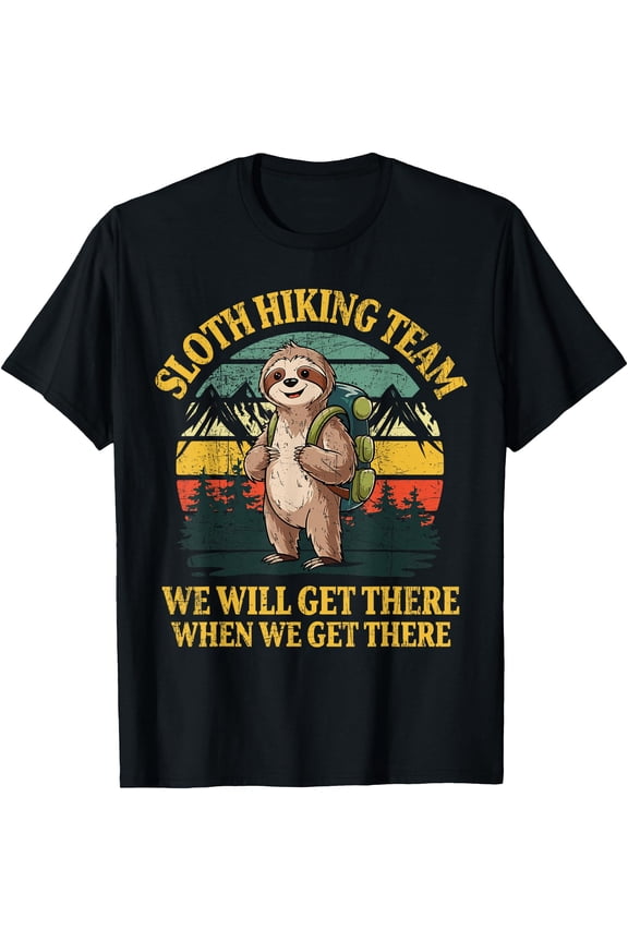 Cheerful Cartoon Sloth Hiking T-Shirt for Nature Lovers and Adventure Seekers