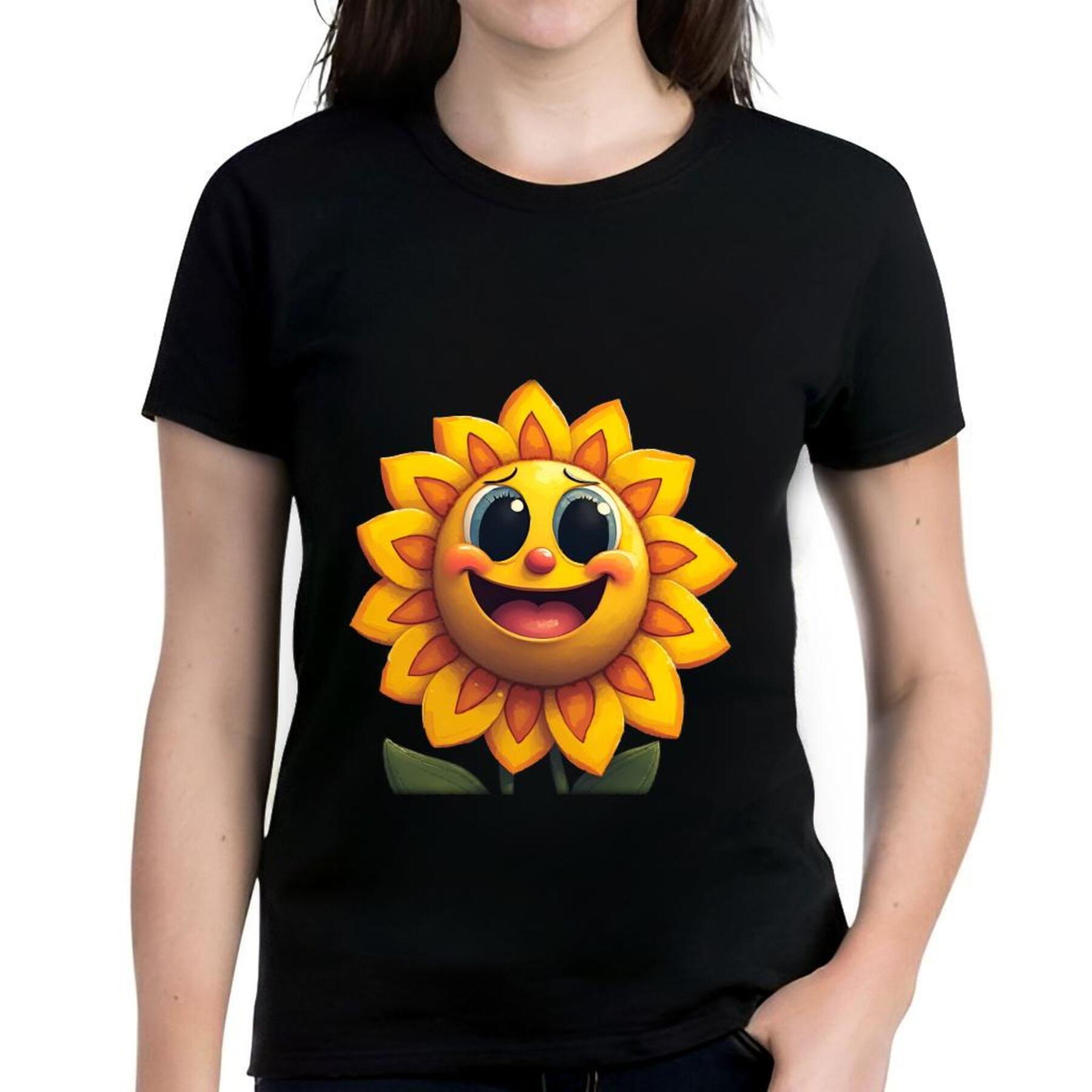 Cheerful Cartoon Sunflower Print Cotton Short Sleeve T-Shirt for Women ...