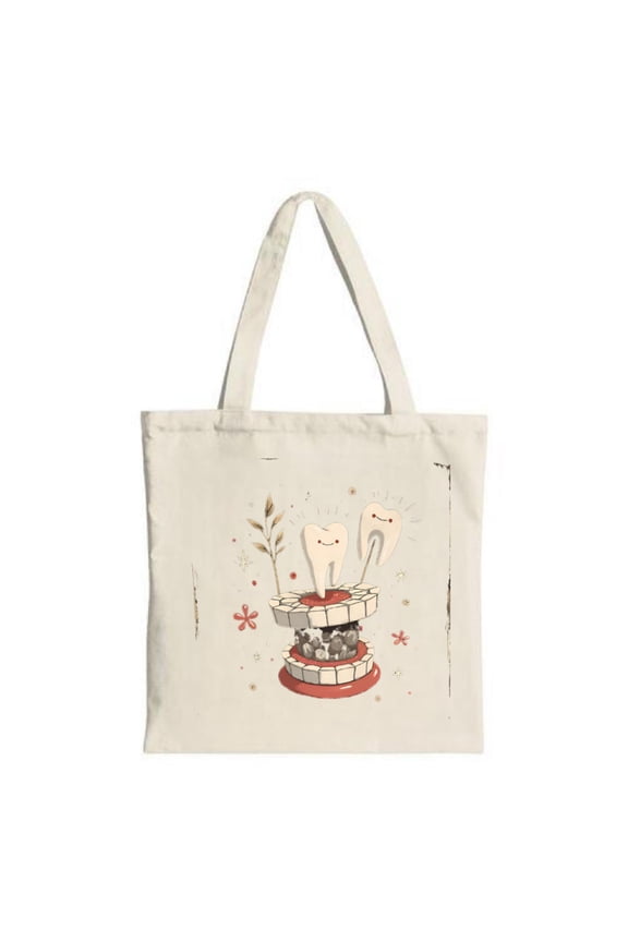 Cheerful Cartoon Teeth Tote Bag - Cute Canvas Bag with Floral Design Perfect for Shopping Travel and Parties