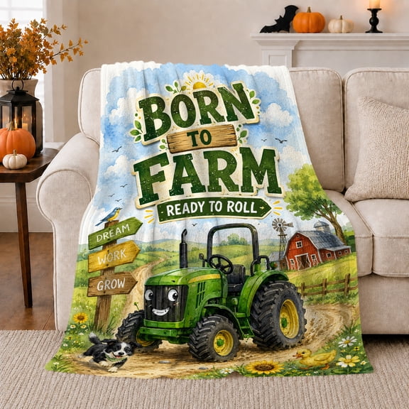 Cheerful Cartoon Tractor Farm Scene Dog Duckling Rustic, Cozy Pet Portrait Pattern, Warm Flannel Blanket for Ranch House and Living Room, Dog Lovers Valentine's Day Gift, Pet Lover Home Decor