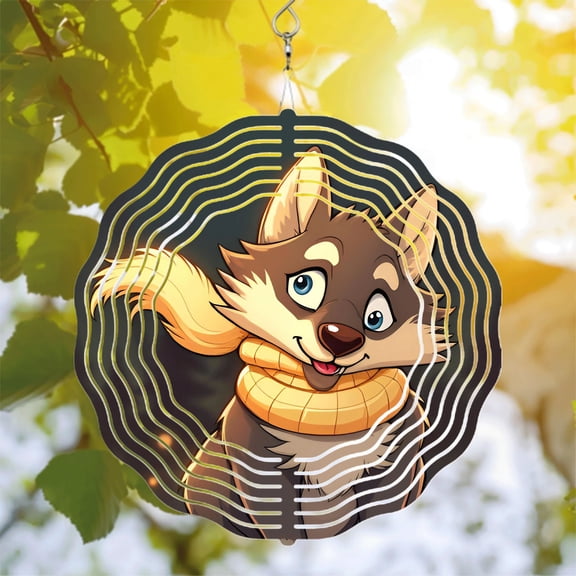 Cheerful Cartoon Wolf Metal Hanging Wind Spinner - Playful Design with Circular White Line Pattern for Yard & Garden Decor