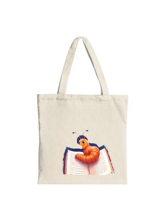 Cheerful Cartoon on Book Tote Bag - Cream Canvas Multifunctional Reusable Shopping Bag for Parties Travel & Shopping