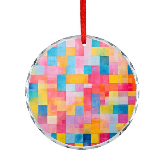 Cheerful Checks Abstract Modern Colorful Crystal Glass Ornament Hanging Craft Collectibles for Xmas Trees Home Party Gifts Geometric Design Glass Round Christmas Ornament