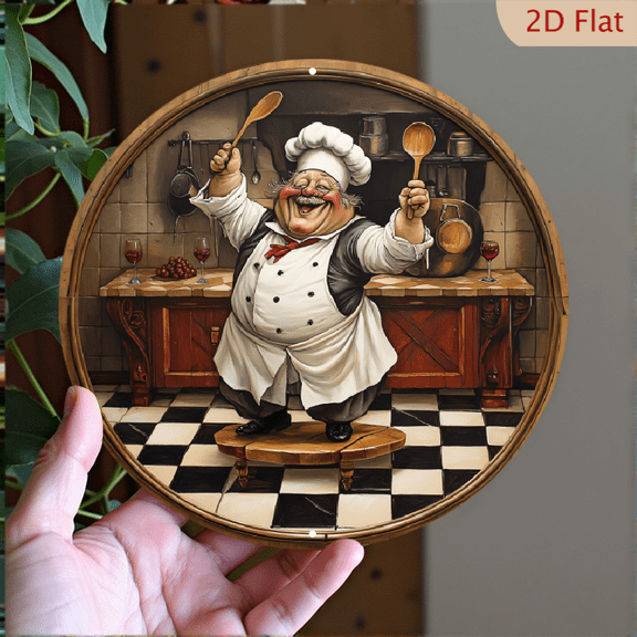 Cheerful Chef Kitchen Wall Art, 8x8 Inch Round Metal Aluminum Sign, Rustic Culinary Themed Decorative Plaque for Home Kitchen and Dining Room Decor