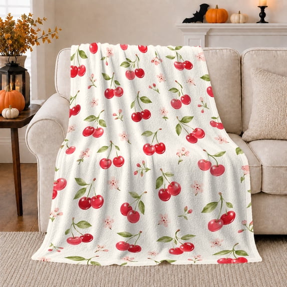 Cheerful Cherry Pattern Autumn Sofa Organic Repeat, Cozy Botanical Garden Scene, Warm Flannel Blanket for Sunroom and Reading Nook, Garden Lovers Thanksgiving Gift, Artistic Home Decor