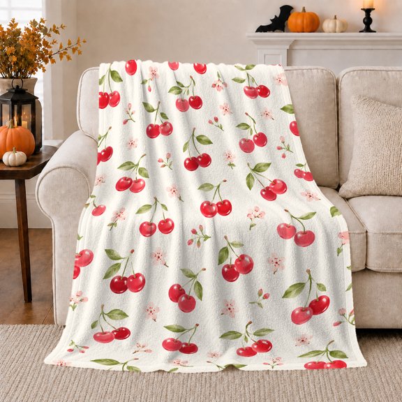 Cheerful Cherry Pattern Autumn Sofa Organic Repeat, Cozy Botanical Garden Scene, Warm Flannel Blanket for Sunroom and Reading Nook, Garden Lovers Thanksgiving Gift, Artistic Home Decor