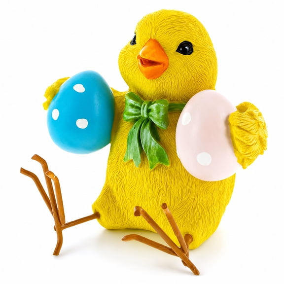 Cheerful Chick Clutching Colorful Easter Eggs Figurine