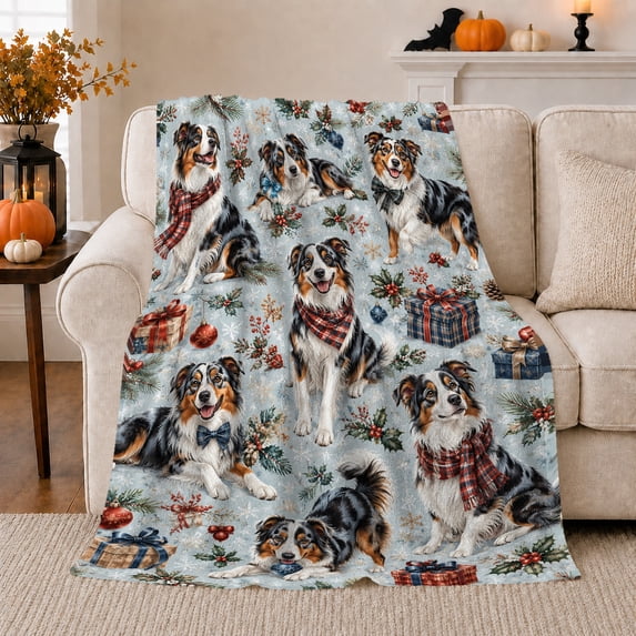 Cheerful Christmas Australian Shepherd, Festive Pet Portrait Pattern, Warm Flannel Blanket for Living Room and Bedroom, Dog Lovers Christmas Gift, Pet Lover Home Decor