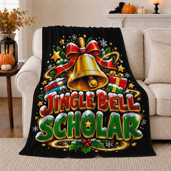 Cheerful Christmas Bell Scholar Art, Festive Holiday Scene, Warm Flannel Blanket for Living Room and Reading Nook, Art Lovers Christmas Gift, Festive Home Decor